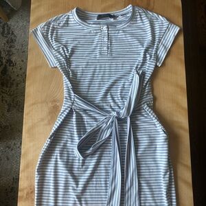Blue and White Striped Dress with Tie at Waist
